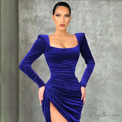 Sexy Red Velvet Elegant Midi Christmas Party Dress Blue / S