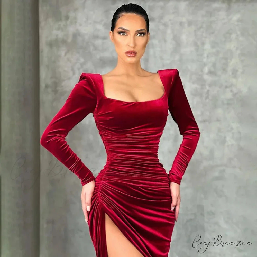 Sexy Red Velvet Elegant Midi Christmas Party Dress Burgundy / S
