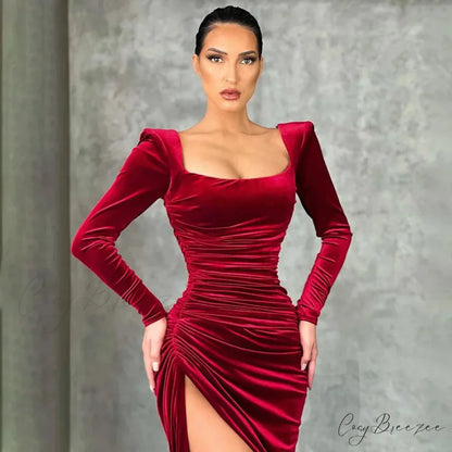 Sexy Red Velvet Elegant Midi Christmas Party Dress Burgundy / S