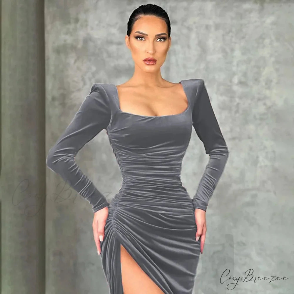 Sexy Red Velvet Elegant Midi Christmas Party Dress Dark Grey / S