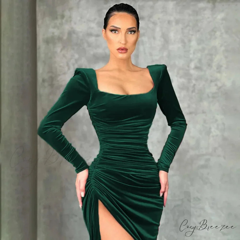 Sexy Red Velvet Elegant Midi Christmas Party Dress Green / S