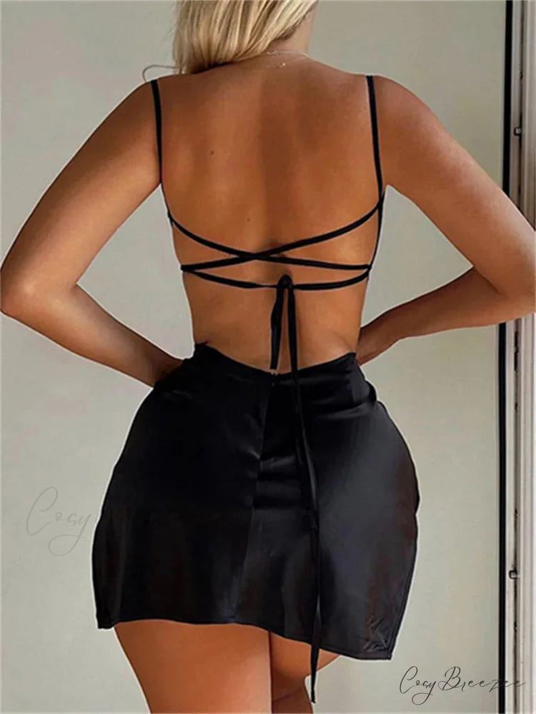 Sexy Satin Sleeveless Strap Summer Solid Bandage Backless Mini Dress
