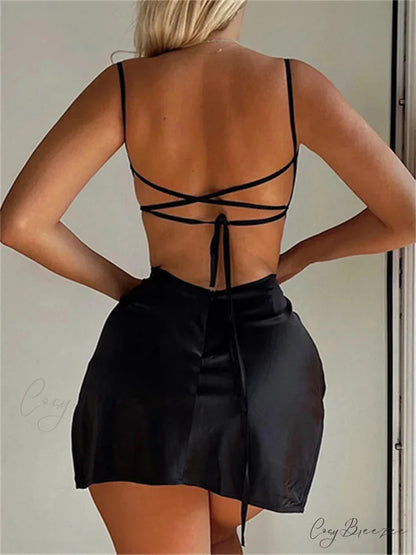 Sexy Satin Sleeveless Strap Summer Solid Bandage Backless Mini Dress