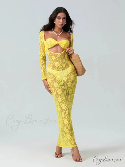 Sexy See-Through Lace Sheer Beach Floral Dress Yellow / S floraldress-250126