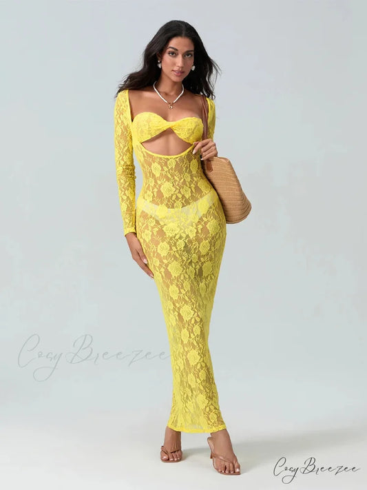 Sexy See-Through Lace Sheer Beach Floral Dress Yellow / S floraldress-250126