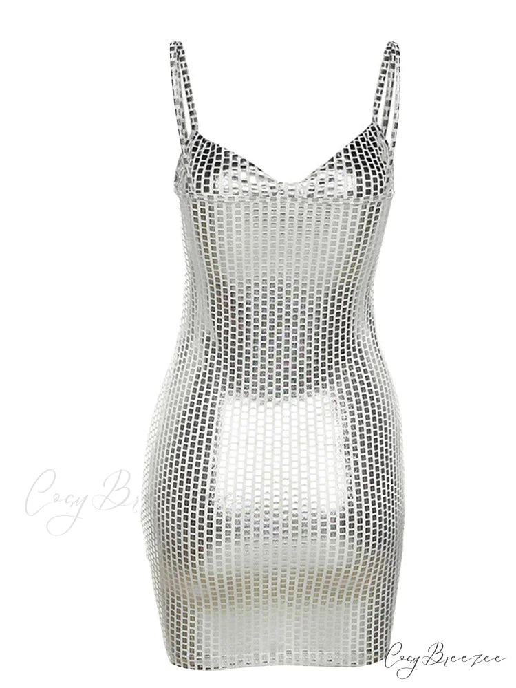 Sexy Shiny Summer Party Fashion Sleeveless Spaghetti Mini Dress