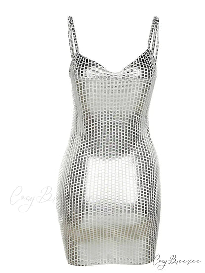 Sexy Shiny Summer Party Fashion Sleeveless Spaghetti Mini Dress
