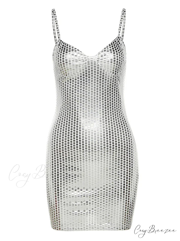 Sexy Shiny Summer Party Fashion Sleeveless Spaghetti Mini Dress