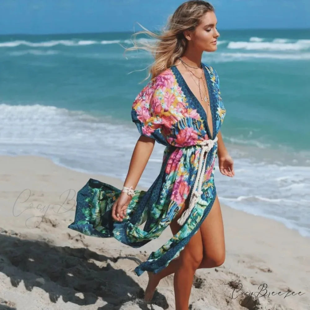 Sexy Side Split Beach Kaftan Tunic Boho Floral Print Summer Dress foral pirnt / One Size bohodress-250126