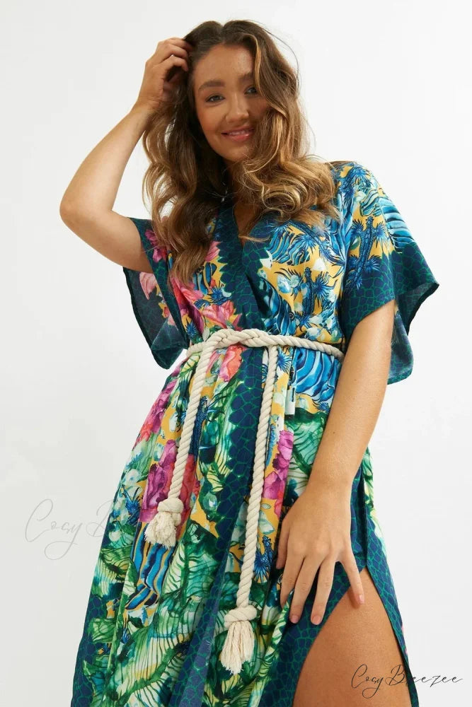 Sexy Side Split Beach Kaftan Tunic Boho Floral Print Summer Dress foral pirnt / One Size bohodress-250126