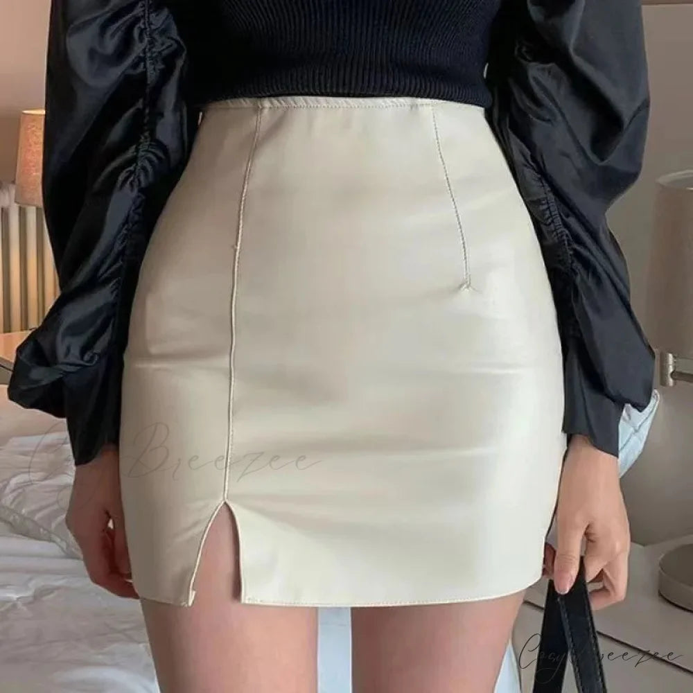 Sexy Skinny High Waist Side Split Korean Chic Black Comfortable Mini Skirt APRICOT / S