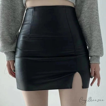 Sexy Skinny High Waist Side Split Korean Chic Black Comfortable Mini Skirt Black / S