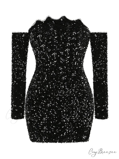 Sexy Slash Neck Long Sleeve Sparkling Sequins Dress Off Shoulder Christmas Party Dress Black / S