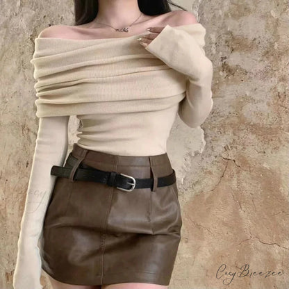 Sexy Slash Neck Pleated Knitted Sweater APRICOT / S swraters-241228