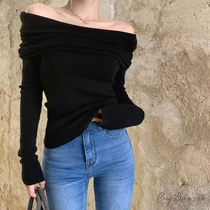 Sexy Slash Neck Pleated Knitted Sweater Black / S swraters-241228