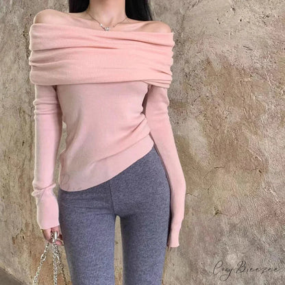 Sexy Slash Neck Pleated Knitted Sweater Pink / S swraters-241228