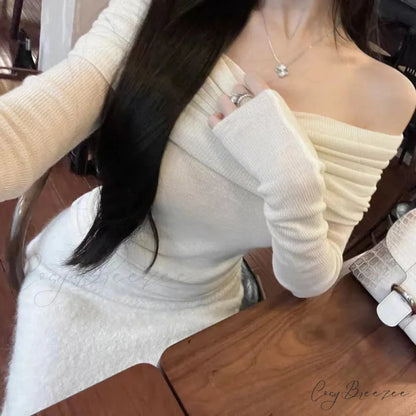 Sexy Slash Neck Pleated Knitted Sweater swraters-241228