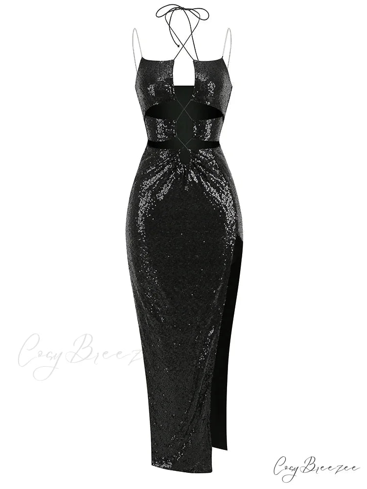 Sexy Sleeveless Cut Out Black Sequins Elegant Backless High Slit Christmas Party Dress Black / S