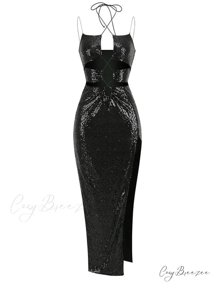 Sexy Sleeveless Cut Out Black Sequins Elegant Backless High Slit Christmas Party Dress Black / S