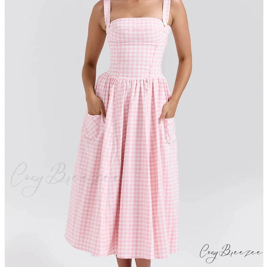 Sexy Sleeveless Plaid Fit and Flare Maxi Dress Pink / S