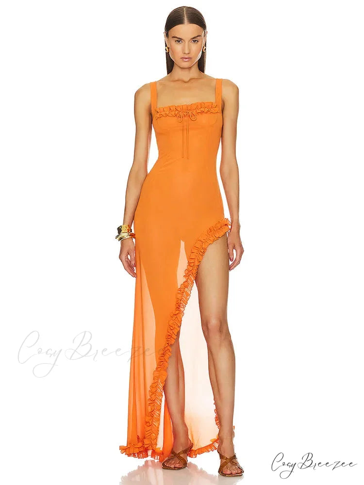 Sexy Sleeveless Square Mesh Perspective Ruffle Long Orange Sheer IrRegular Christmas Party Dress Orange / S