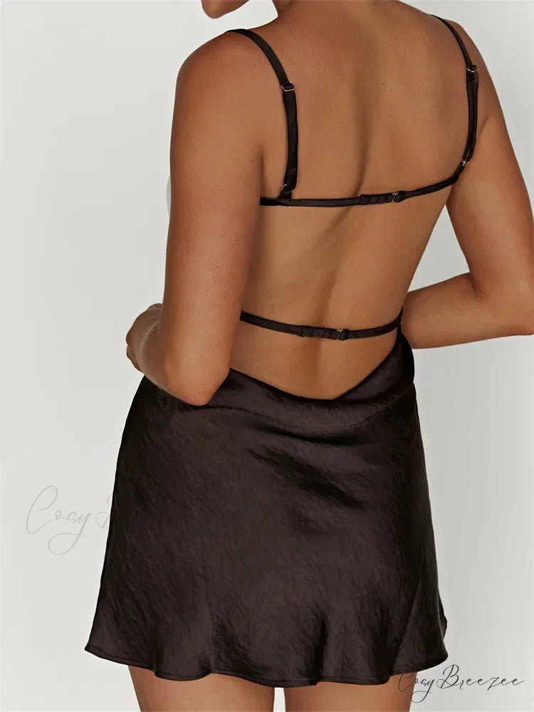 Sexy Sleeveless Strap Patchwork Hollow Out Backless Mini Dress