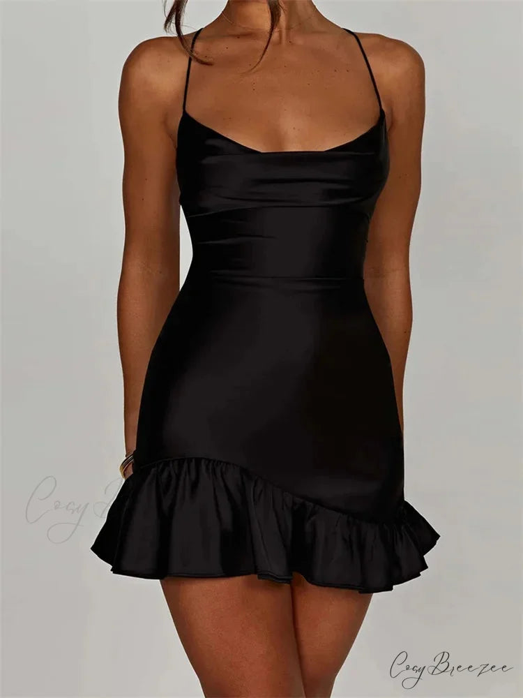 Sexy Sleeveless Strap Satin Backless Ruffles Hem Mini Dress Black / S