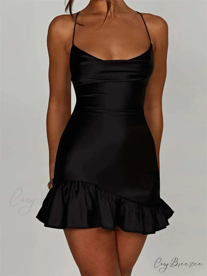 Sexy Sleeveless Strap Satin Backless Ruffles Hem Mini Dress Black / S