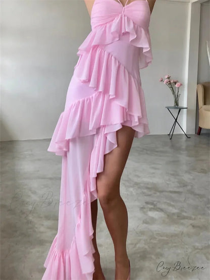 Sexy Sleeveless Strap Sling for Women V-neck Ruffles Hem Y2K Off Shoulder High Split Party Vestidos