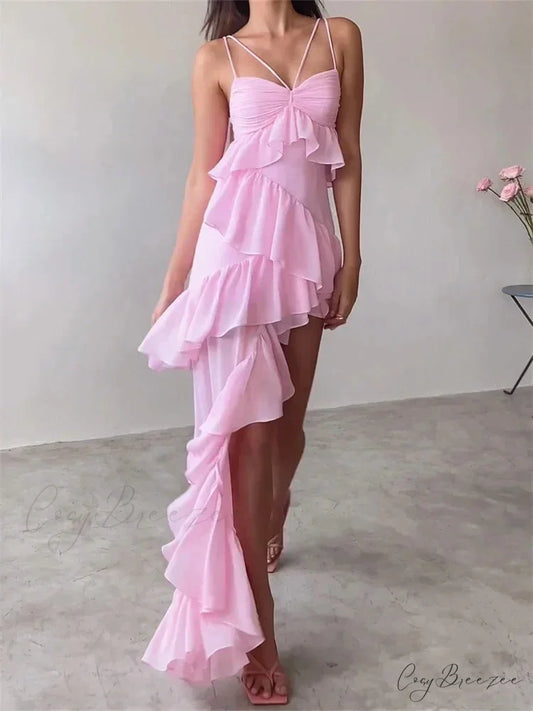 Sexy Sleeveless Strap Sling for Women V-neck Ruffles Hem Y2K Off Shoulder High Split Party Vestidos