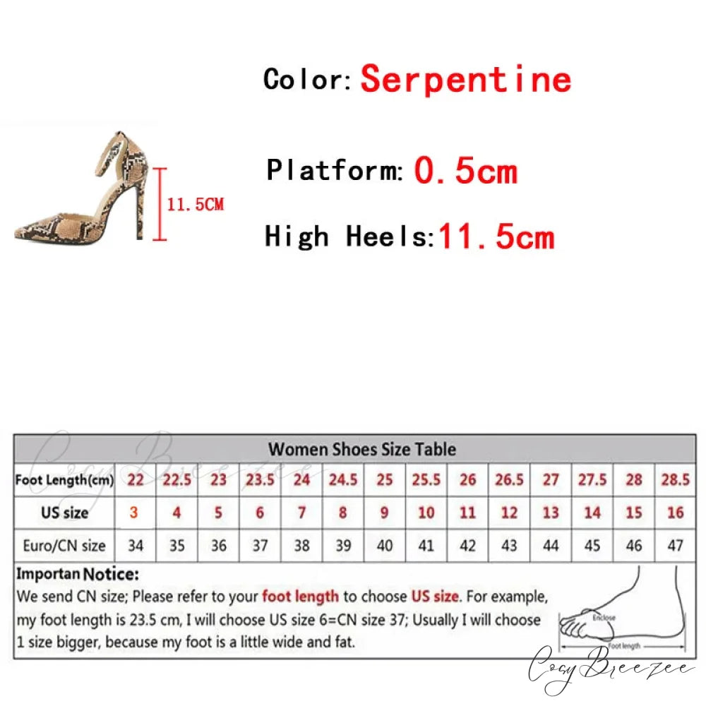 Sexy Snake Print Pointed Toe Stripper Heels Women Pumps Sandals Ankle Buckle Strap Stilettos Party Prom Shoes Lady