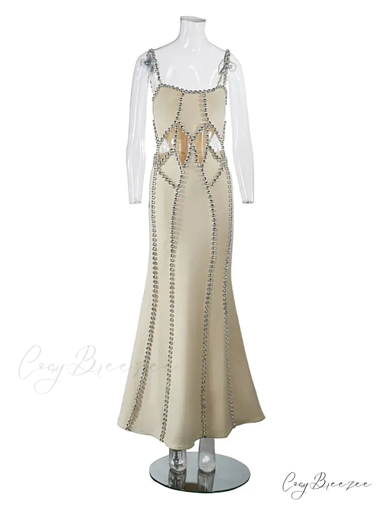 Sexy Spaghetti Strap Hollow Out Crystal Bandage Dress Sleeveless Christmas Party Dress Beige / S