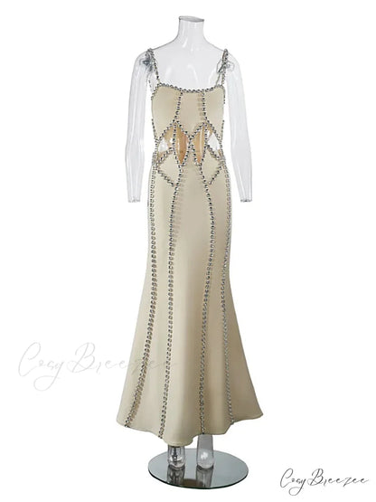 Sexy Spaghetti Strap Hollow Out Crystal Bandage Dress Sleeveless Christmas Party Dress Beige / S