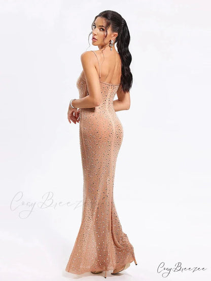 Sexy Spaghetti Strap Perspective Luxury Diamond Sleeveless See Through Christmas Party Dress