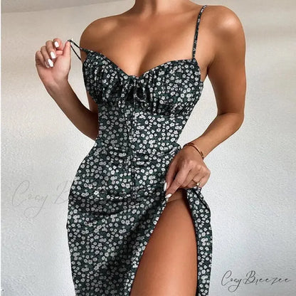 Sexy Spaghetti Strap Slit Floral Beach Party Dress green. / S floraldress-250126