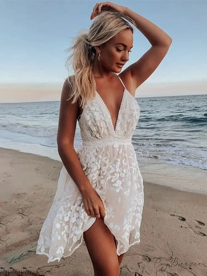 Sexy Spaghetti Strap White Embroidered Lace Dress floraldress-250126