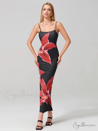 Sexy Spaghetti Straps Bodycon O-neck Wrap Cami Dress BLACK / S floraldress-250126