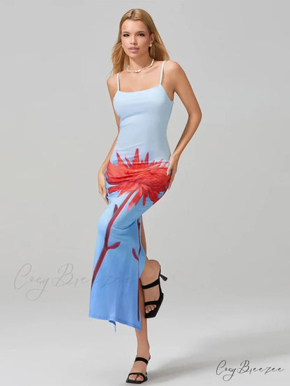 Sexy Spaghetti Straps Bodycon O-neck Wrap Cami Dress BLUE / S floraldress-250126