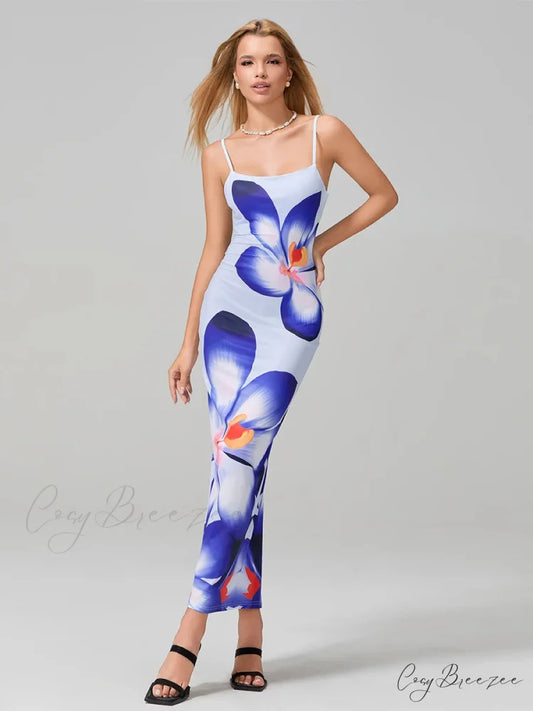 Sexy Spaghetti Straps Bodycon O-neck Wrap Cami Dress NAVY BLUE / S floraldress-250126