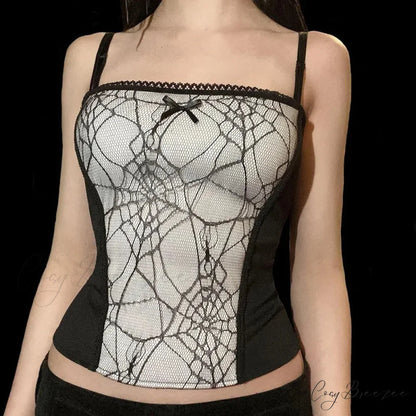 Sexy Spider Web Lace Patchwork Gothic Punk Sleeveless Square Collar Trendy Stylish Crop Top WHITE / S