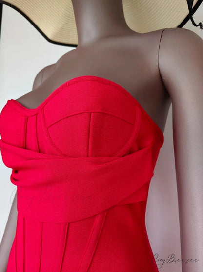 Sexy Strapless Backless Split Bustier Red Christmas Party Dress