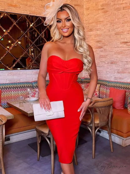 Sexy Strapless Backless Split Bustier Red Christmas Party Dress Red / S