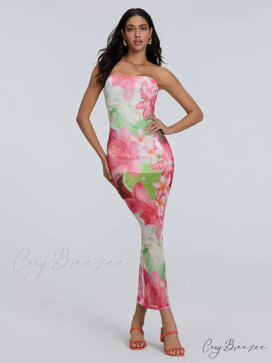 Sexy Strapless Bodycon Off-Shoulder Backless Sheath Night Gown floraldress-250126