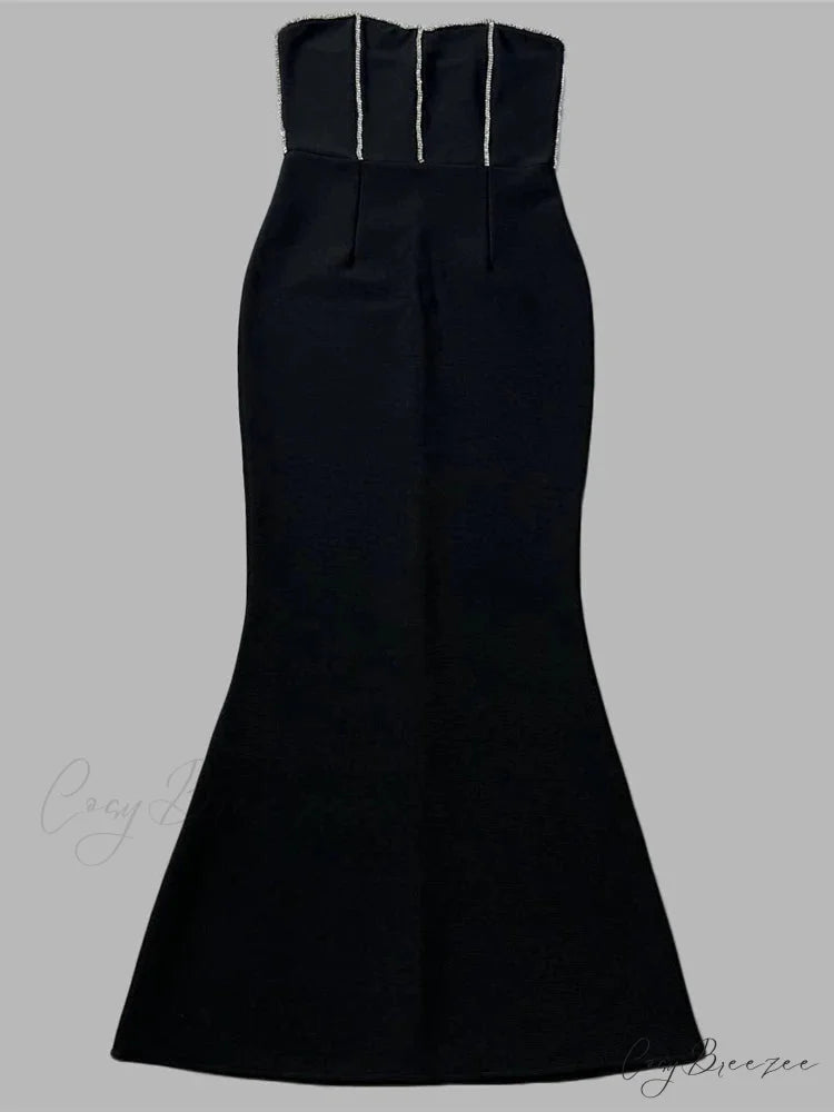 Sexy Strapless Diamonds Chain Bandage Long Black Sleeveless Backless Crystal Christmas Party Dress