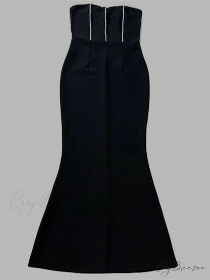 Sexy Strapless Diamonds Chain Bandage Long Black Sleeveless Backless Crystal Christmas Party Dress