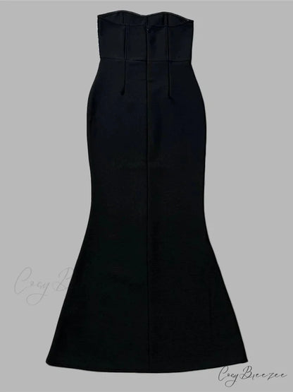 Sexy Strapless Diamonds Chain Bandage Long Black Sleeveless Backless Crystal Christmas Party Dress