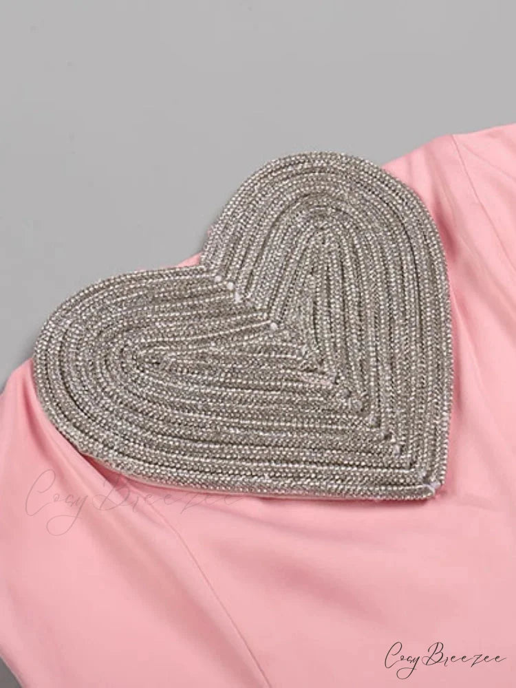 Sexy Strapless Heart Crystal Design Long Pink Sleeveless Diamonds Elegant Christmas Party Dress