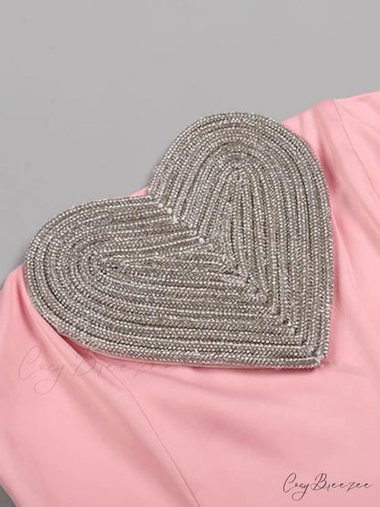 Sexy Strapless Heart Crystal Design Long Pink Sleeveless Diamonds Elegant Christmas Party Dress