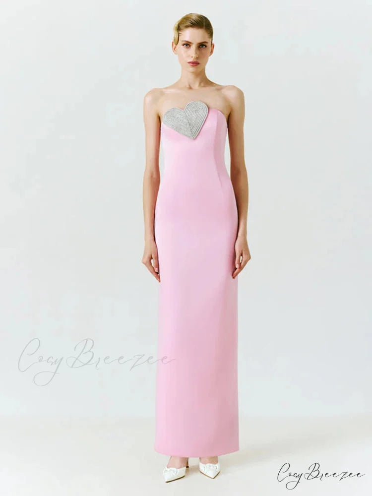 Sexy Strapless Heart Crystal Design Long Pink Sleeveless Diamonds Elegant Christmas Party Dress