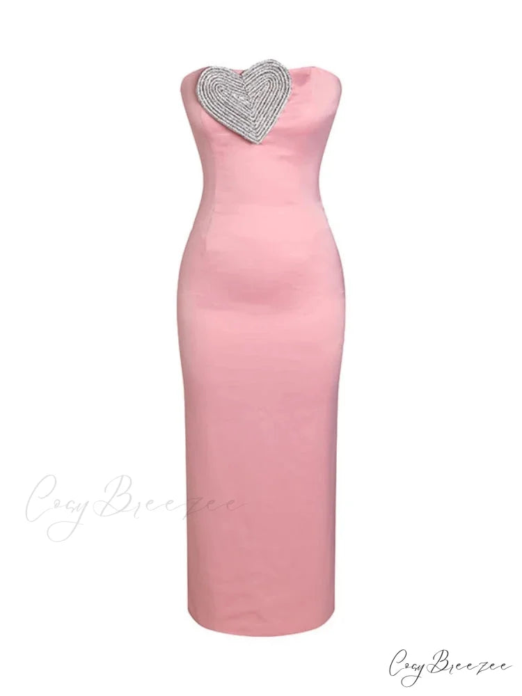 Sexy Strapless Heart Crystal Design Long Pink Sleeveless Diamonds Elegant Christmas Party Dress Pink / S